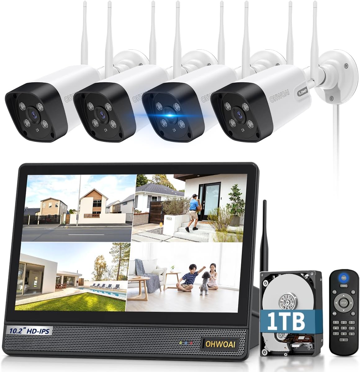 【ダブルアンテナ・双方向通話】防犯カメラ ワイヤレス モニター一体型録画機 屋外 防犯カメラセット 4台 監視カメラ 無線 監視カメラセット