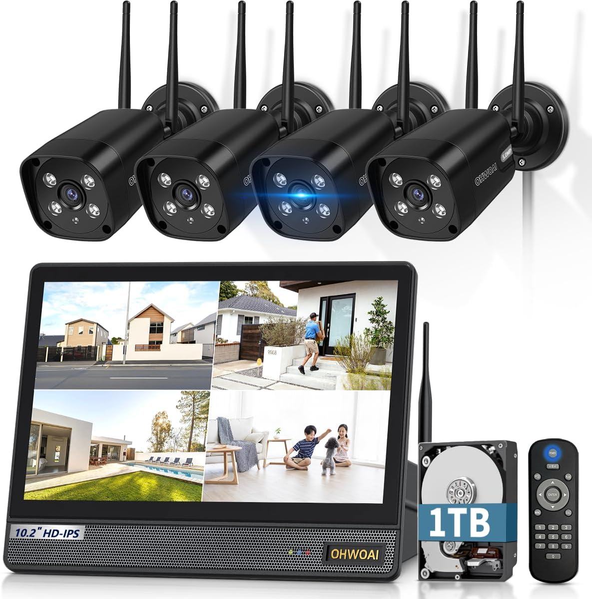 【ダブルアンテナ信号強化・双方向通話・130° 超広角】 防犯カメラ ワイヤレス 屋外 3K 500万画素4台 防犯カメラセットワイヤレス防犯カメラセット 監視カメラ モニター付き 防犯カメラセットランキング(黒)