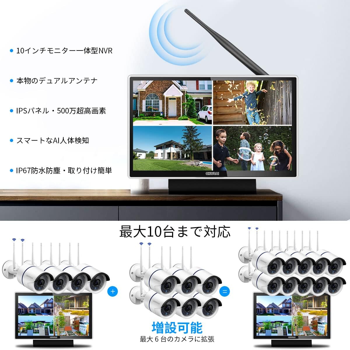 【ダブルアンテナ・𝟑𝟎メートル暗視距離】 防犯カメラ ワイヤレス モニター付き 屋外 防犯カメラセット 4台 ワイヤレス防犯カメラ モニターセット wifi防犯カメラ 無線 防犯カメラ 監視カメラ