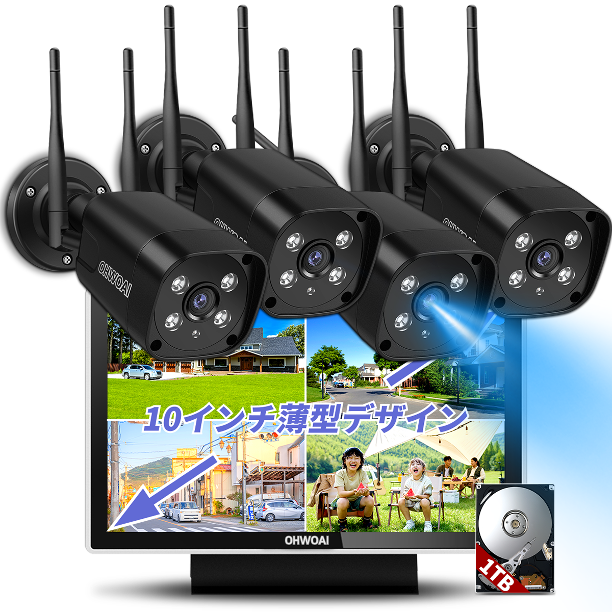 【ダブルアンテナ・双方向通話・𝟏𝟑𝟎°広角】防犯カメラ ワイヤレス モニター付き 屋外 防犯カメラセット ダブルアンテナ 黒 監視カメラ 無線 監視カメラセット