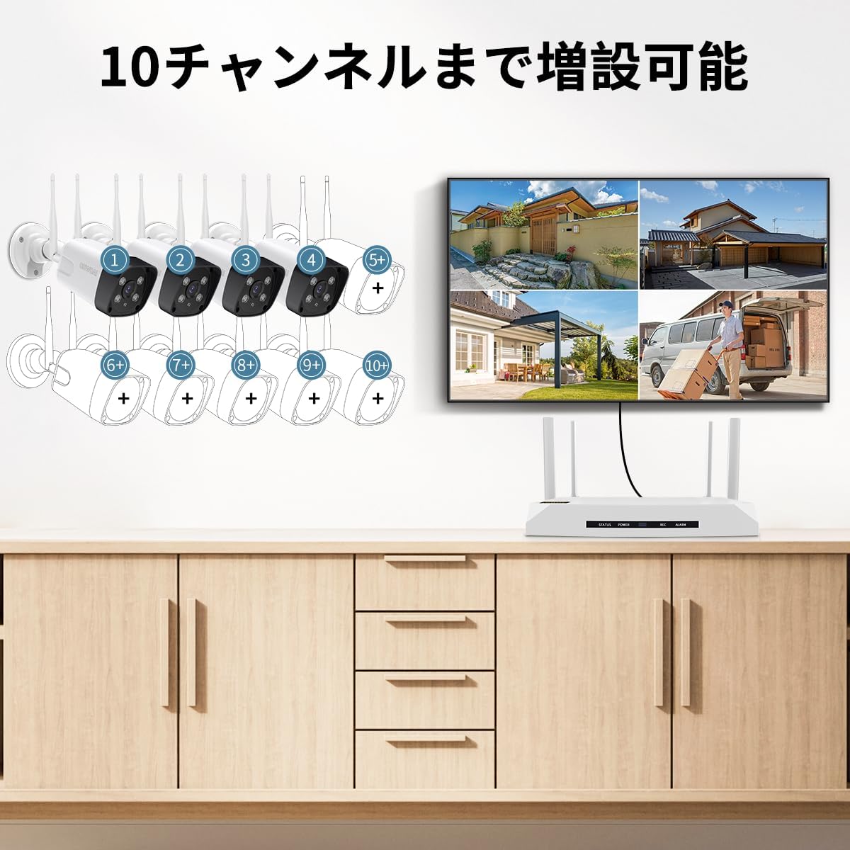 【ダブルアンテナ・双方向通話・𝟏𝟑𝟎°広角】防犯カメラ ワイヤレス 防犯カメラセット 4台 屋外 監視カメラ 無線 監視カメラセット 4本アンテナ付きのNVR