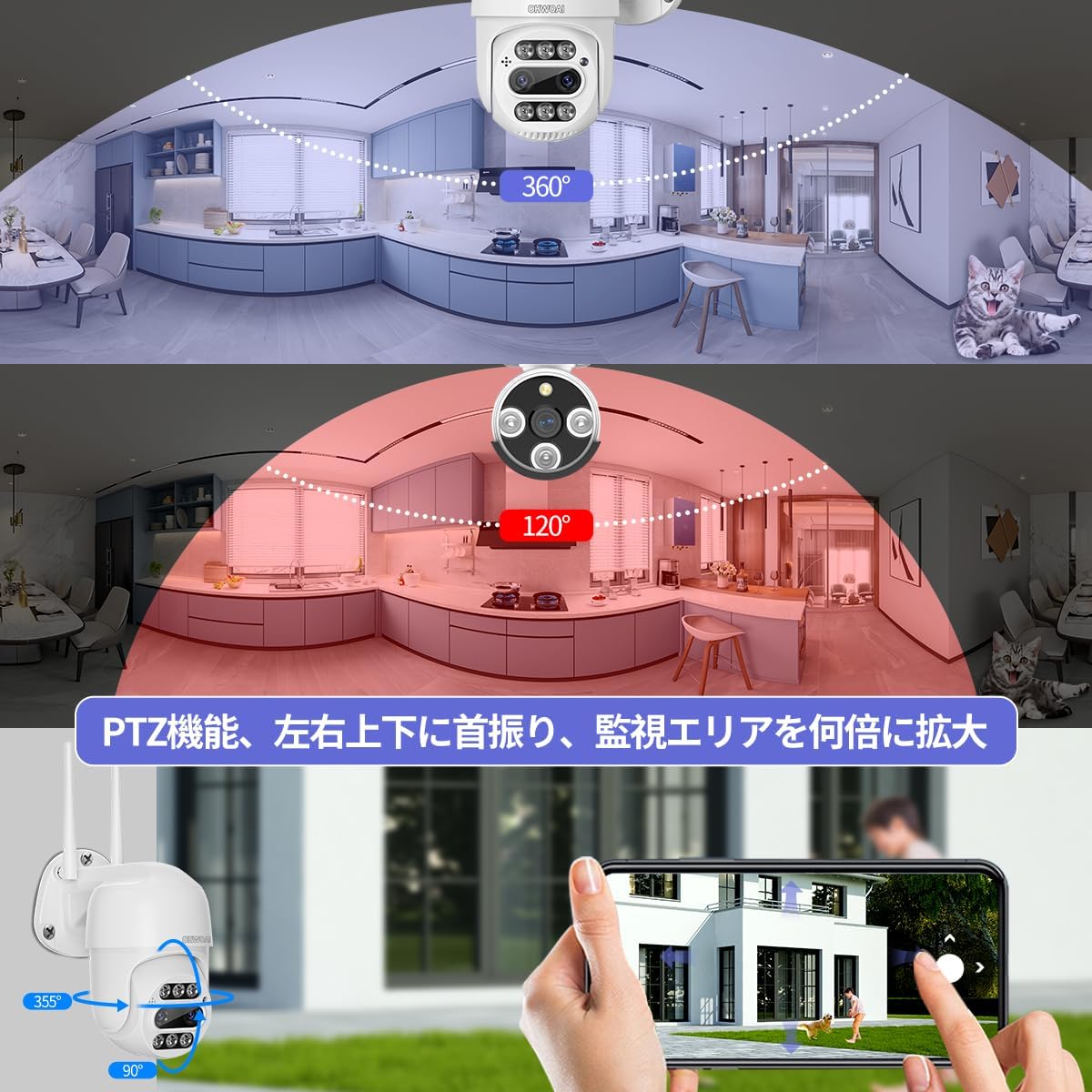 【双方向通話・2眼式レンズ】防犯カメラ ワイヤレス モニター付き 屋外 ダブルレンズ 防犯カメラセット 4台 ワイヤレス防犯カメラ モニターセット wifi防犯カメラ 無線 防犯カメラ 監視カメラ (400万画素)
