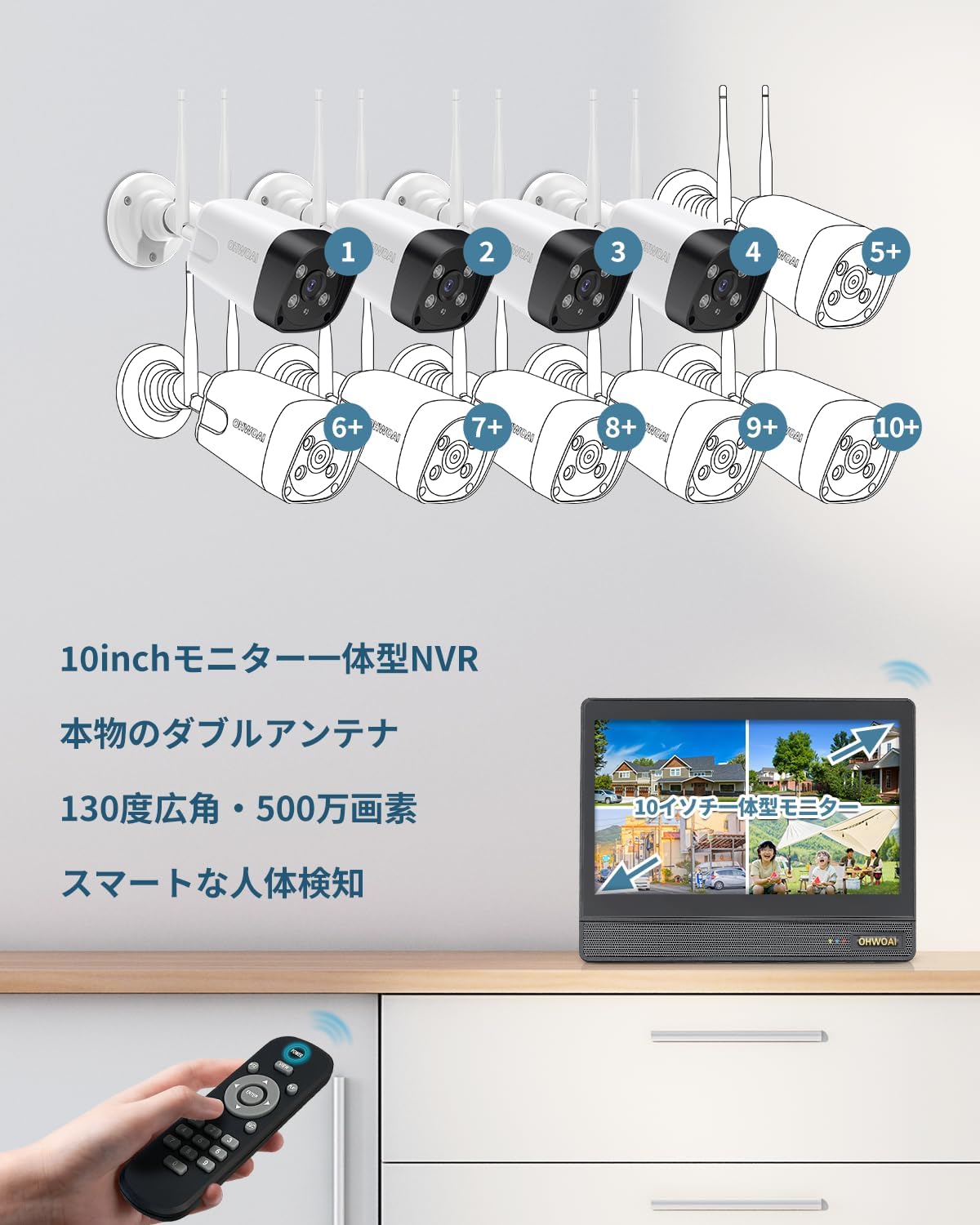 【ダブルアンテナ・双方向通話】防犯カメラ ワイヤレス モニター一体型録画機 屋外 防犯カメラセット 4台 監視カメラ 無線 監視カメラセット