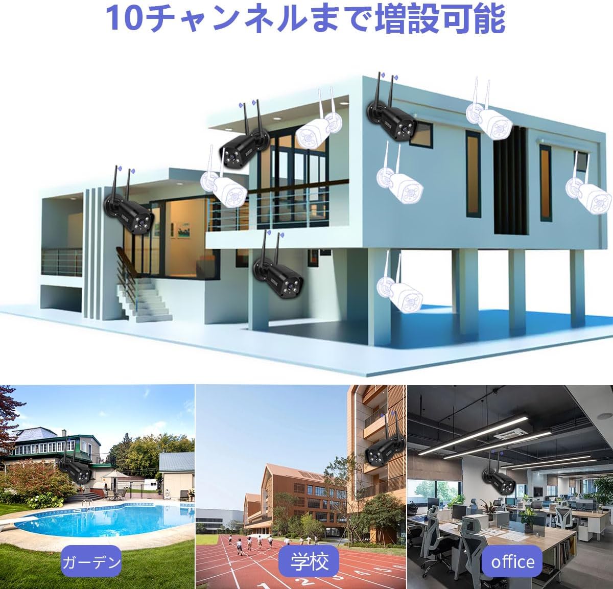 【ダブルアンテナ・双方向通話・𝟏𝟑𝟎°広角】防犯カメラ ワイヤレス モニター付き 屋外 防犯カメラセット ダブルアンテナ 黒 監視カメラ 無線 監視カメラセット