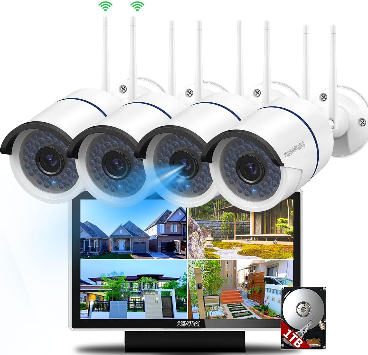 OHWOAIワイヤレス防犯カメラ500万画素2台　ダブルアンテナ　白 WIFI強化・500万画素】ワイヤレス防犯カメラ（単体） 増設用